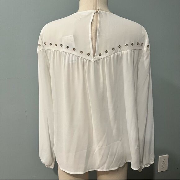 NWT Michael Kors White Crepe Long Sleeve Gold Eyelet Trim Blouse Size Small - Picture 4 of 7